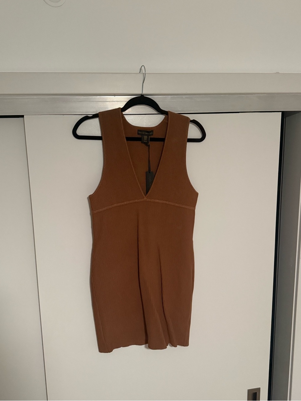 House of Harlow 1960 Ribbed V-Neck Mini Dress — Brown